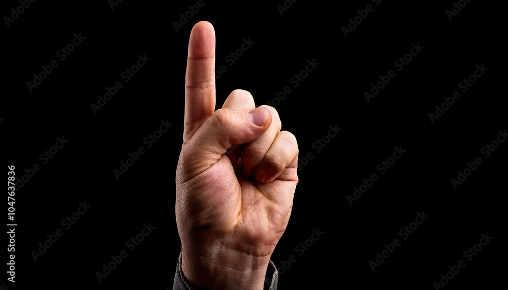 Hand with raised index finger on a black background Hand with raised index finger on a black background