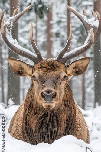 A mighty elk with large antlers stands quietly amidst a snowy forest, accentuating the serenity of winter nature. photo