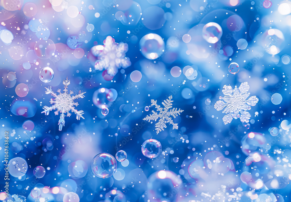 Blue background with snowflakes and bubbles. The snowflakes are scattered throughout the image, with some closer to the top and others near the bottom. The bubbles are also present, with some larger Blue background with snowflakes and bubbles. The snowflakes are scattered throughout the image, with some closer to the top and others near the bottom. The bubbles are also present, with some larger