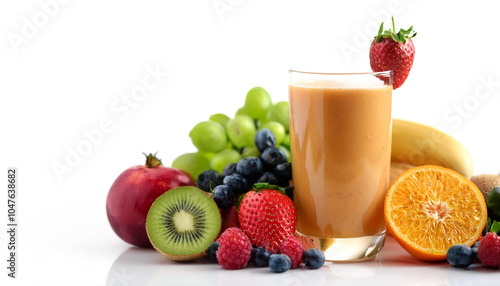 Smoothie glass with fruit around it