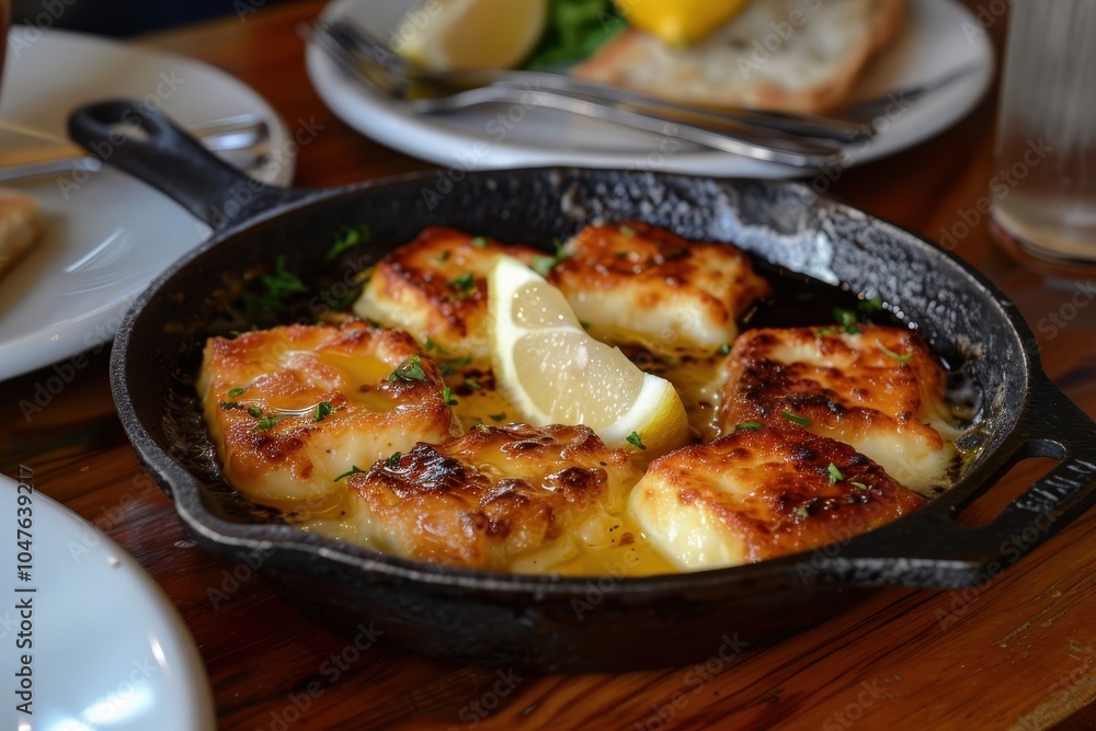 A plate of saganaki, fried cheese served with a squeeze of lemon, sizzling in a small cast-iron skillet A plate of saganaki, fried cheese served with a squeeze of lemon, sizzling in a small cast-iron skillet