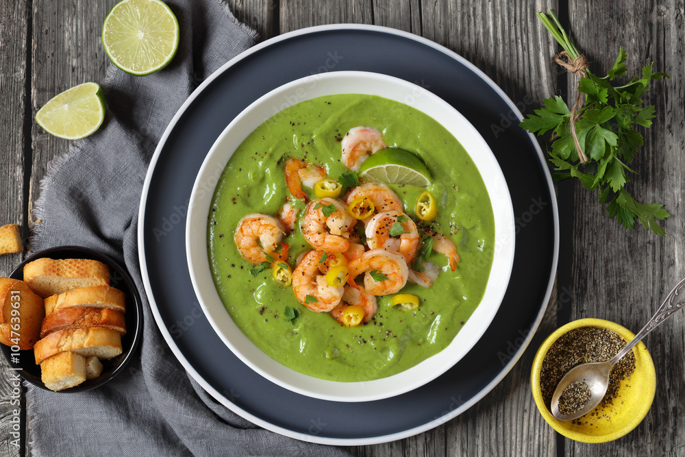 Shrimps in Culichi Salsa or Poblano sauce in bowl Shrimps in Culichi Salsa or Poblano sauce in bowl
