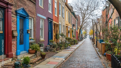 A narrow cobblestone street lined with colorful row houses in a city neighborhood.