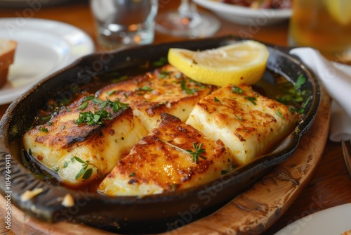 A plate of saganaki, fried cheese served with a squeeze of lemon, sizzling in a small cast-iron skillet