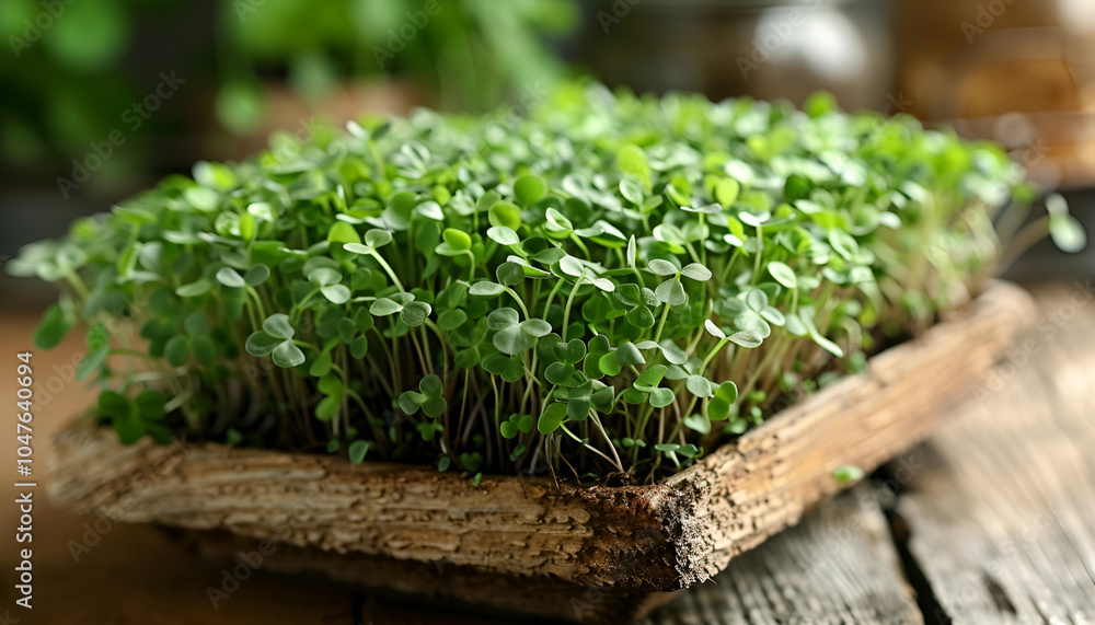 Fresh organic microgreen on wooden table, closeup Fresh organic microgreen on wooden table, closeup