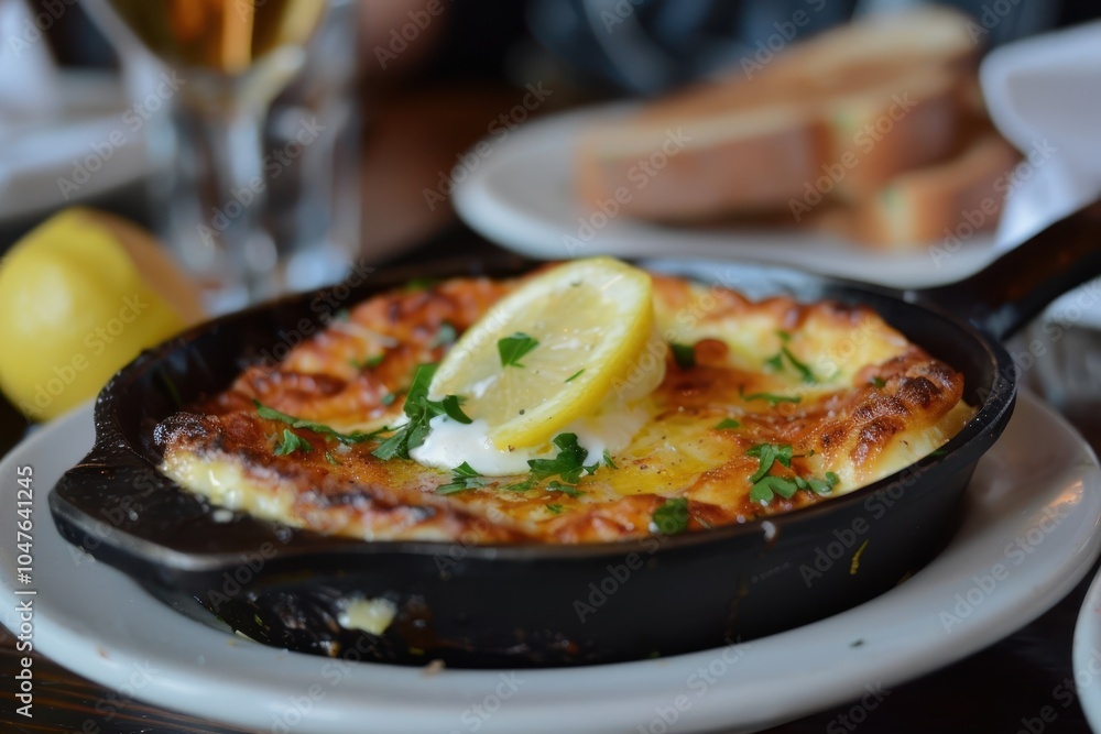 A plate of saganaki, fried cheese served with a squeeze of lemon, sizzling in a small cast-iron skillet A plate of saganaki, fried cheese served with a squeeze of lemon, sizzling in a small cast-iron skillet