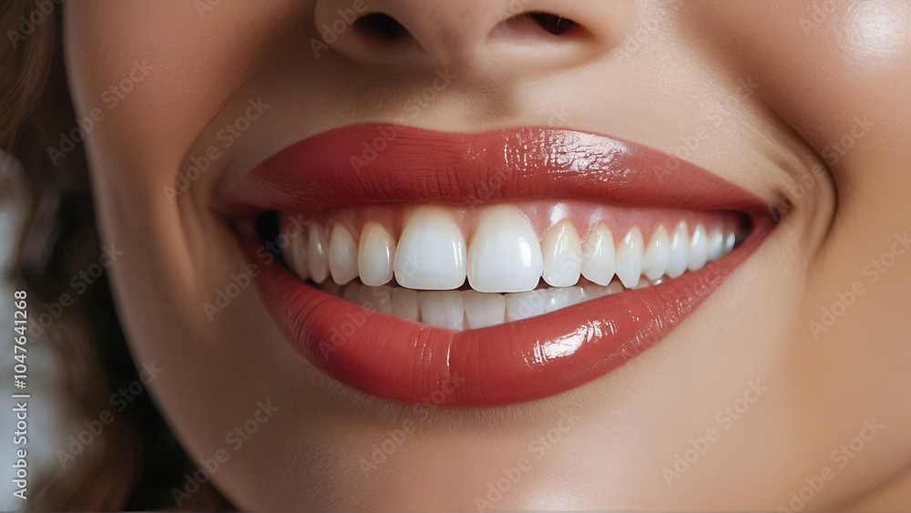Close-up of a woman's smile showing healthy white teeth and glossy lips Close-up of a woman's smile showing healthy white teeth and glossy lips