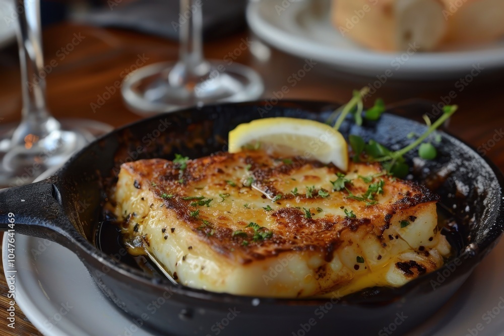 A plate of saganaki, fried cheese served with a squeeze of lemon, sizzling in a small cast-iron skillet A plate of saganaki, fried cheese served with a squeeze of lemon, sizzling in a small cast-iron skillet