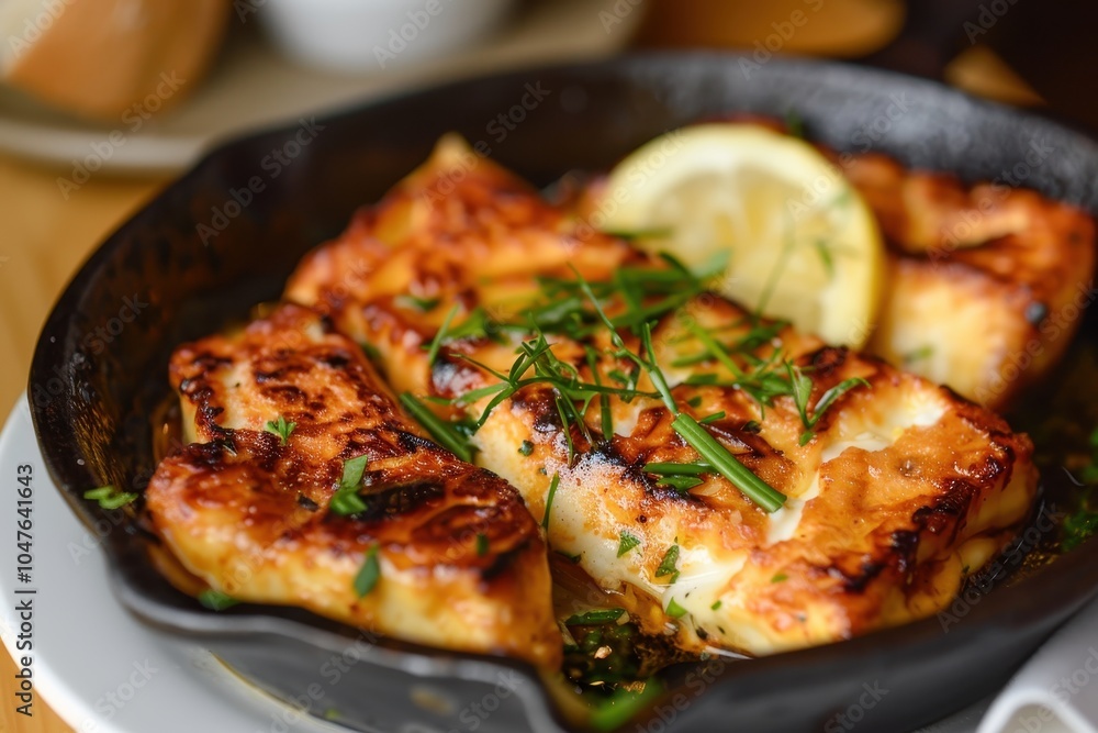 A plate of saganaki, fried cheese served with a squeeze of lemon, sizzling in a small cast-iron skillet A plate of saganaki, fried cheese served with a squeeze of lemon, sizzling in a small cast-iron skillet