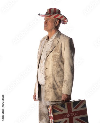 male businessman in dirty suit with suitcase on white background photo