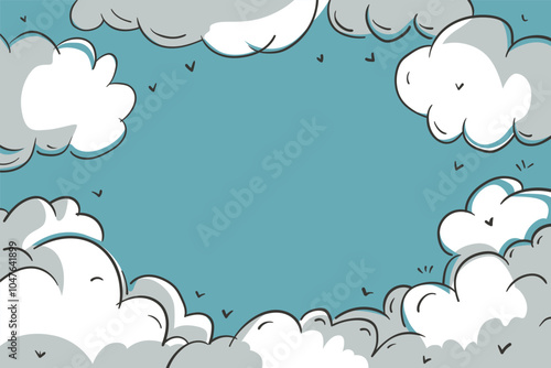 Whimsical cartoon of a sky with fluffy clouds and V-shaped birds. Clear blue background, perfect for creative projects