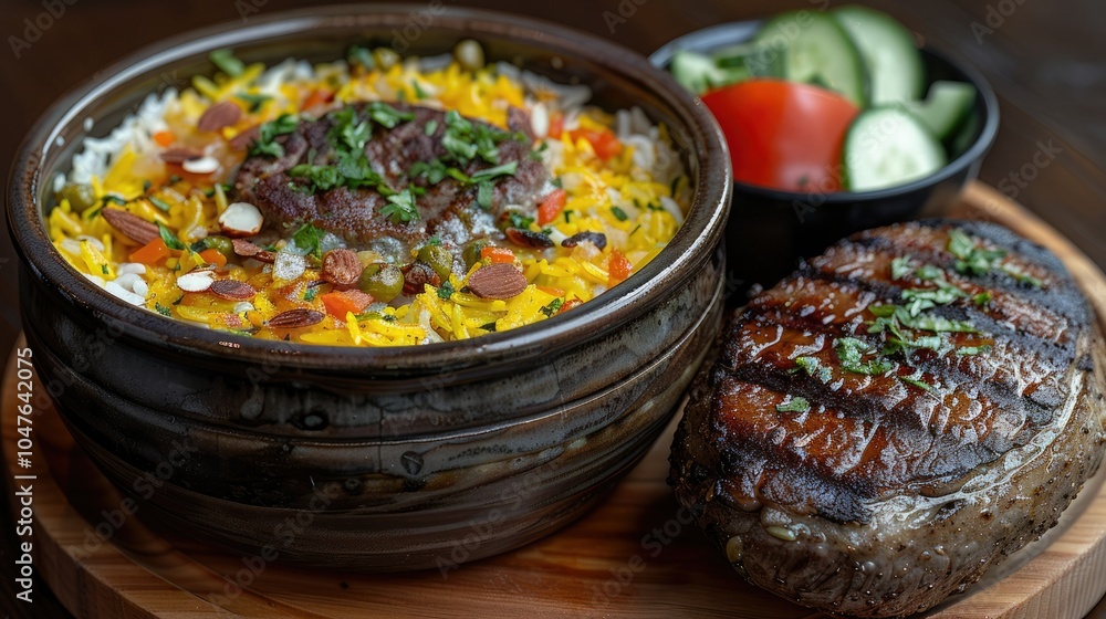Home cooked meal with spiced rice, grilled steak, and fresh veggies on a wooden platter Home cooked meal with spiced rice, grilled steak, and fresh veggies on a wooden platter