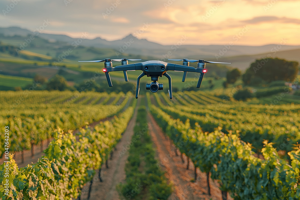 A drone flying over a vineyard, monitoring vine growth and health, illustrating the use of drones in specialty crops. Concept of technology. A drone flying over a vineyard, monitoring vine growth and health, illustrating the use of drones in specialty crops. Concept of technology.