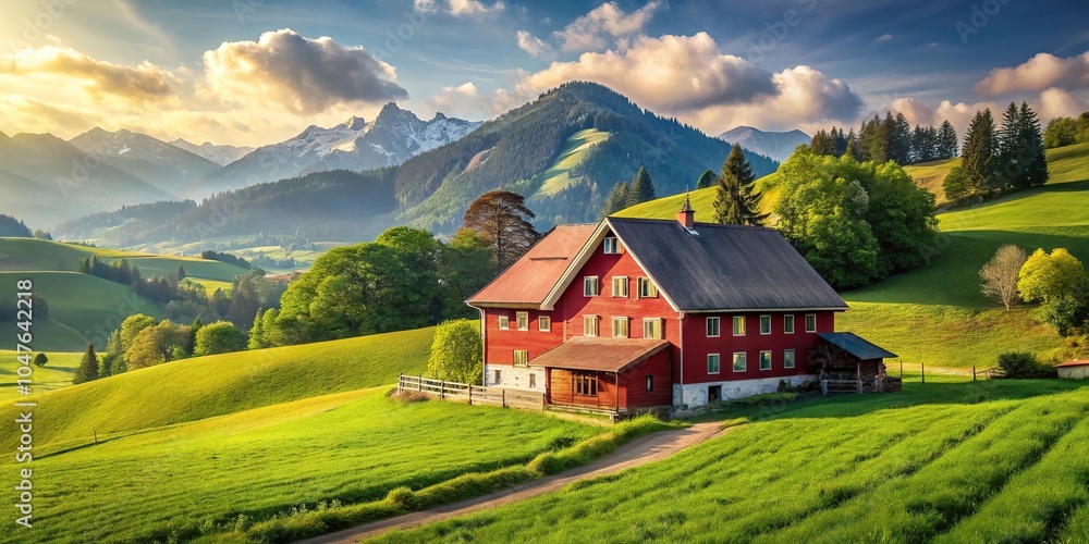 Swiss countryside scene with red farm house Swiss countryside scene with red farm house