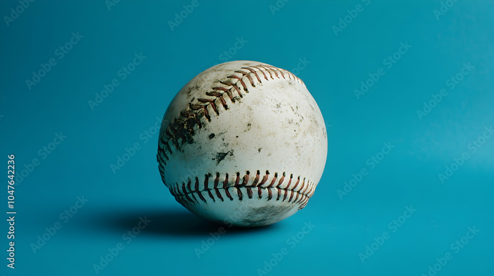 Close-up view of a worn baseball against a blue background - Close-up view of a worn baseball against a blue background -