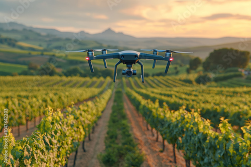 A drone flying over a vineyard, monitoring vine growth and health, illustrating the use of drones in specialty crops. Concept of technology.