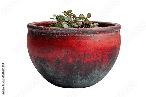 Red concrete pot with plants isolated on transparent background, png file, no background png file