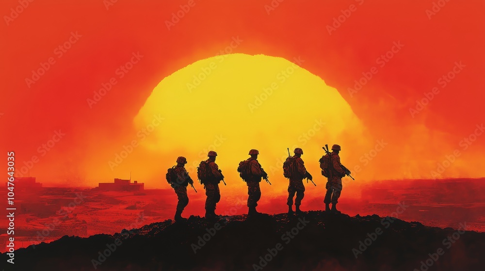 Fototapeta premium Silhouetted soldiers against a fiery sunset, evoking bravery and sacrifice.
