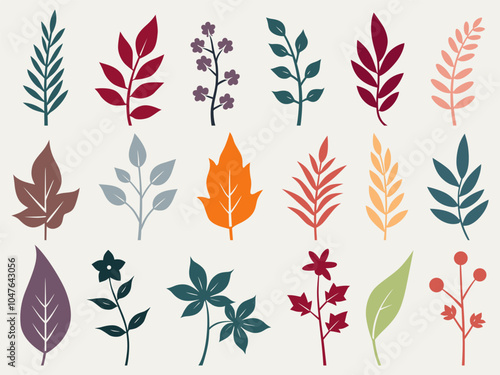 18 colorful, stylized botanical illustrations in a 3x6 grid. Ideal for patterns, backgrounds, and decorative elements photo