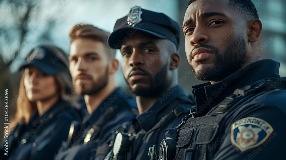 Diverse team of police officers standing side by side, reflecting professionalism and unity - Diverse team of police officers standing side by side, reflecting professionalism and unity -