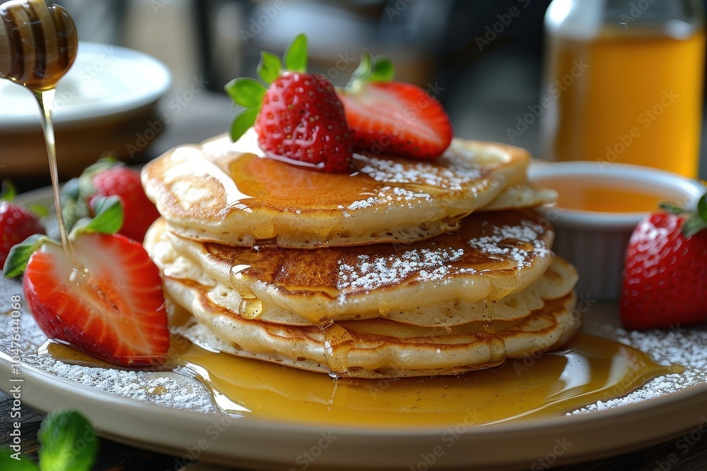 A plate of syrniki, sweet cheese pancakes, served with a side of honey and fresh strawberries A plate of syrniki, sweet cheese pancakes, served with a side of honey and fresh strawberries