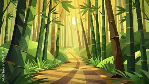 A serene bamboo forest path illuminated by sunlight, inviting exploration and tranquility during the golden hour