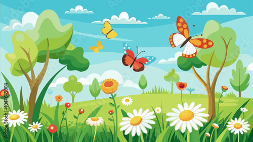 Colorful butterflies dancing among blooming flowers in a sunny meadow with trees under a bright blue sky during springtime