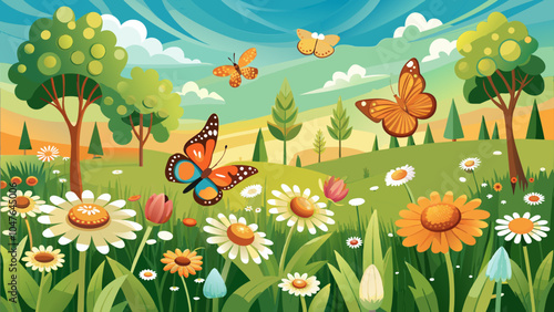 Vibrant butterflies fluttering over a colorful meadow filled with blooming flowers during a sunny afternoon in springtime