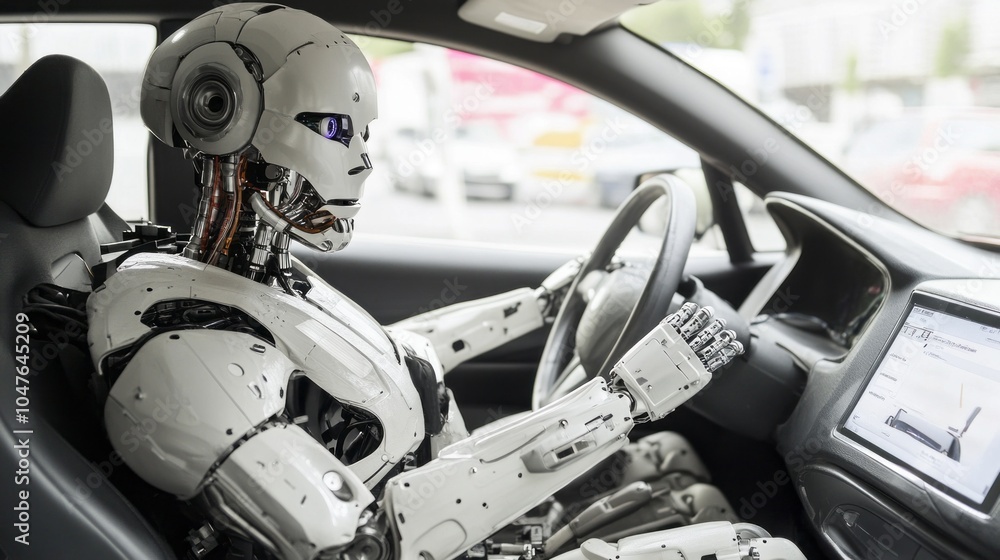 A robot is driving a car A robot is driving a car