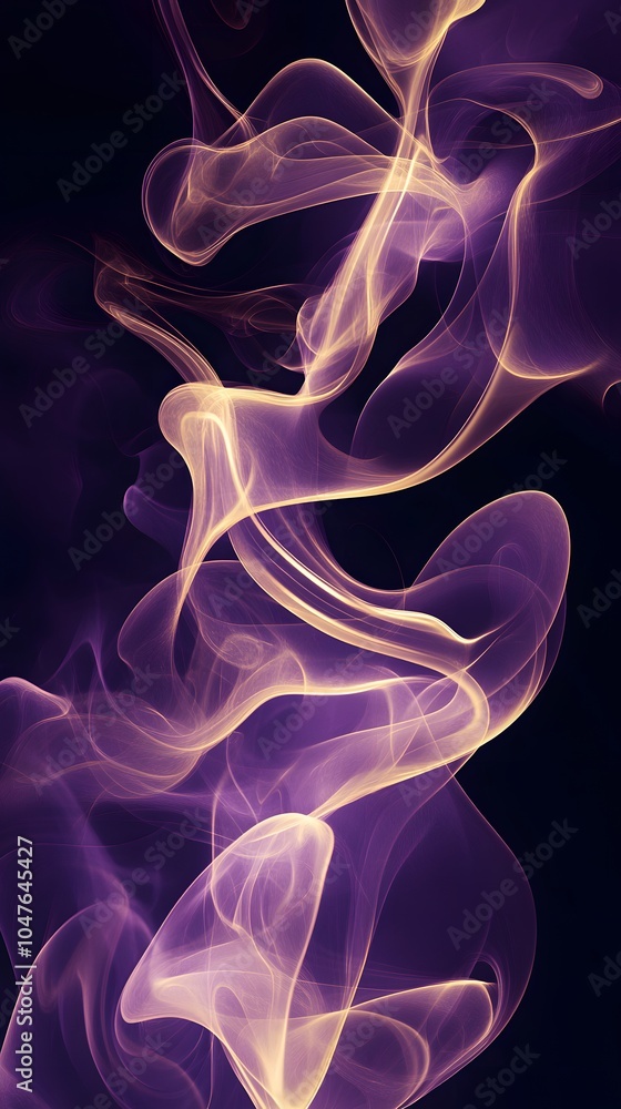 Naklejka premium Golden Smoke Waves on Purple Background, Abstract Image, Texture, Pattern Background, Wallpaper, Cover and Screen for Smartphone, PC, Laptop, 9:16 and 16:9 Format