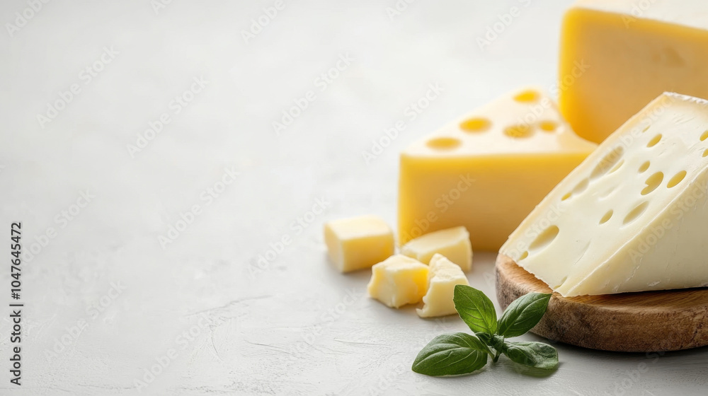 Fresh cheese slices are beautifully arranged on wooden board, showcasing variety of textures and shapes. vibrant green basil adds touch of color, enhancing appetizing presentation Fresh cheese slices are beautifully arranged on wooden board, showcasing variety of textures and shapes. vibrant green basil adds touch of color, enhancing appetizing presentation