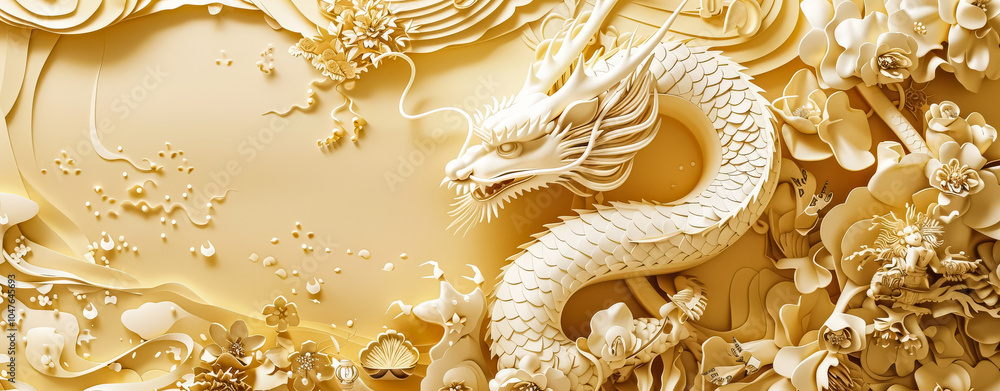 Gold and white dragon is swimming in a sea of gold and white flowers. The dragon is surrounded by a lot of gold and white, giving the image a luxurious and elegant feel Gold and white dragon is swimming in a sea of gold and white flowers. The dragon is surrounded by a lot of gold and white, giving the image a luxurious and elegant feel