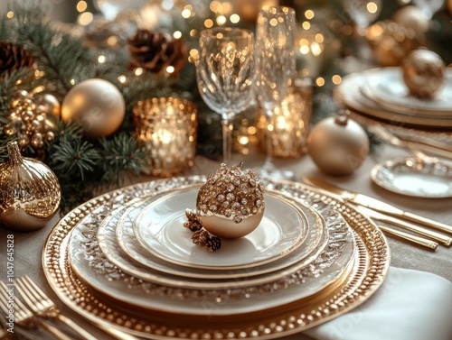 Gold Christmas Ornament and Plates on a Table Setting