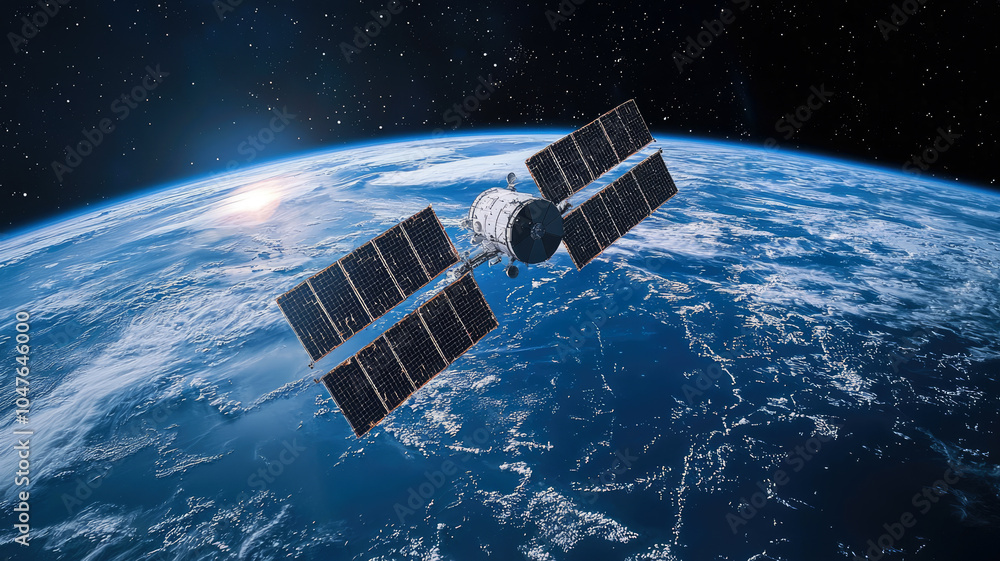 Orbiting satellite flying in space on background of Earth planet, view of stars and sunshine. Concept of weather, globe, climate change, warming