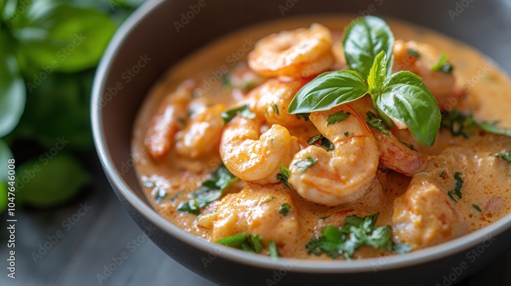 Indulgent Thai red curry with shrimp topped with fresh basil in a luxurious presentation Indulgent Thai red curry with shrimp topped with fresh basil in a luxurious presentation