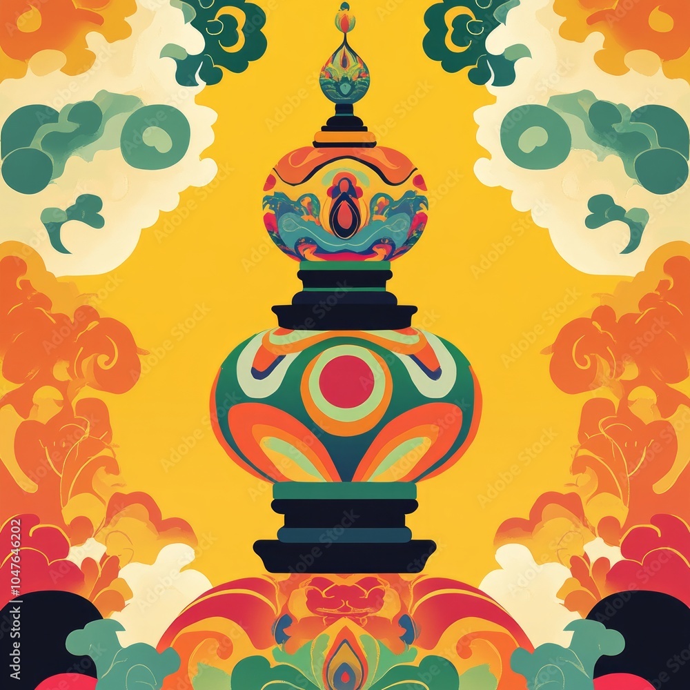 Fototapeta premium Colorful abstract art with a central, ornate structure.