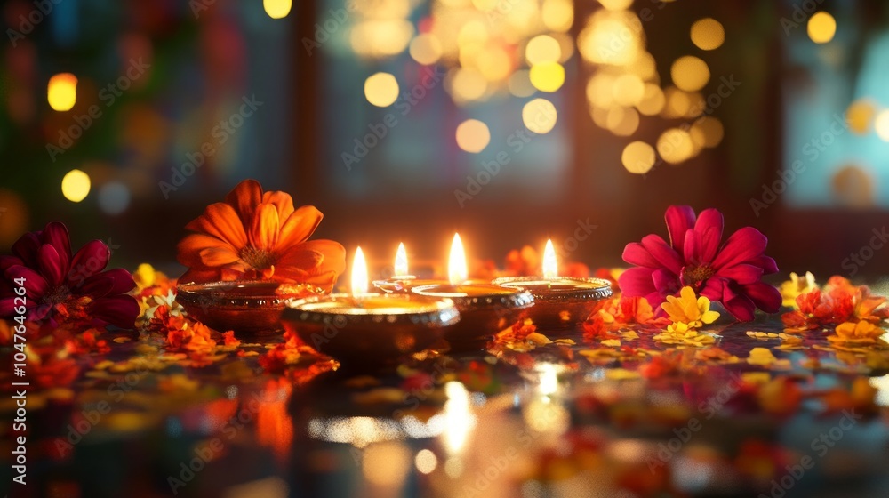 A table with three lit candles and flowers A table with three lit candles and flowers