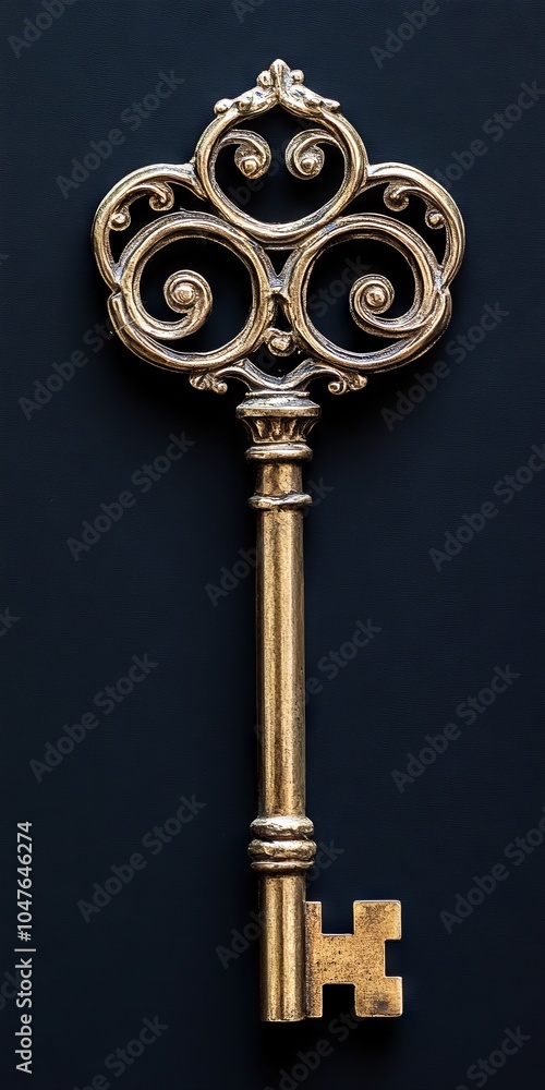 A golden skeleton key with intricate details. A golden skeleton key with intricate details.