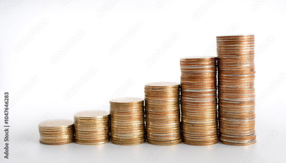 Stack of coins on side position provides copy space for text. background concept isolated white Stack of coins on side position provides copy space for text. background concept isolated white