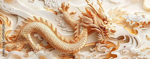 Gold and white dragon is swimming in a sea of gold and white flowers. The dragon is surrounded by a lot of gold and white, giving the image a luxurious and elegant feel