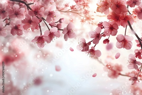 Delicate pink cherry blossoms bloom in springtime with soft background lighting