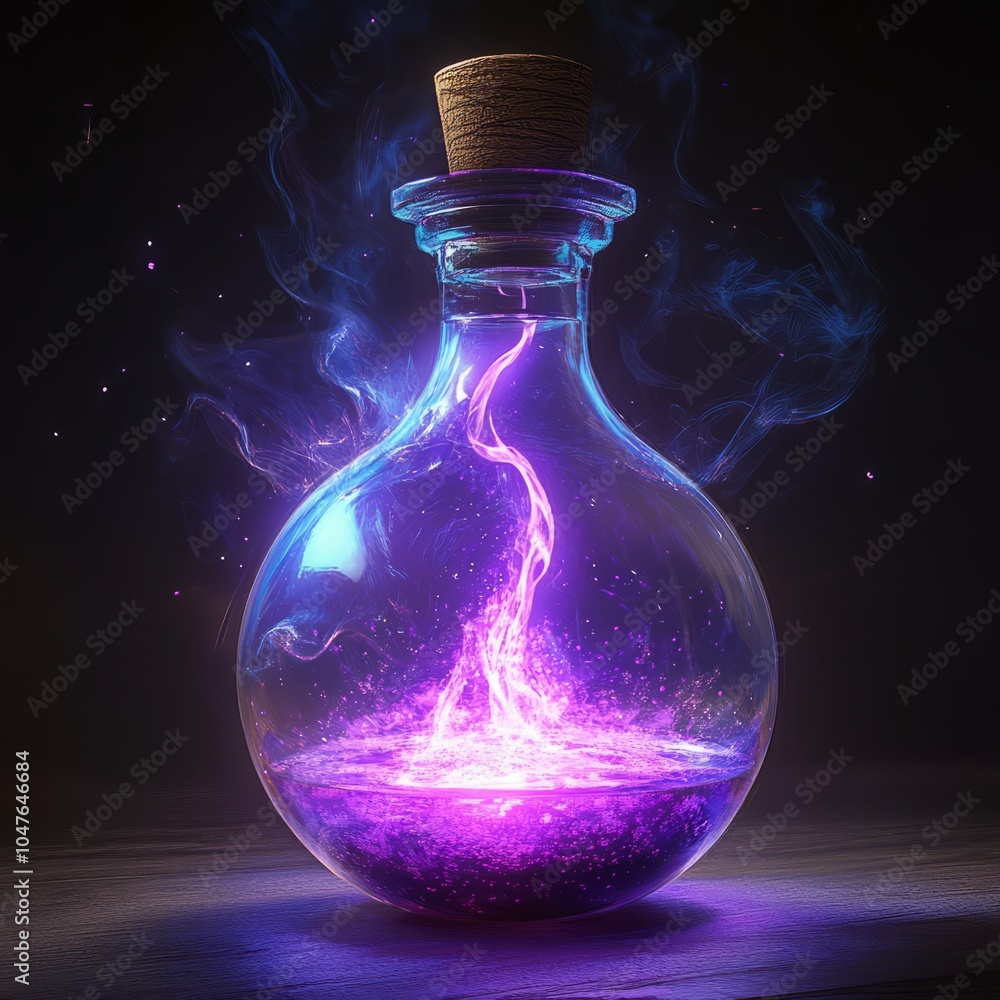 A glass bottle filled with swirling purple potion. A glass bottle filled with swirling purple potion.