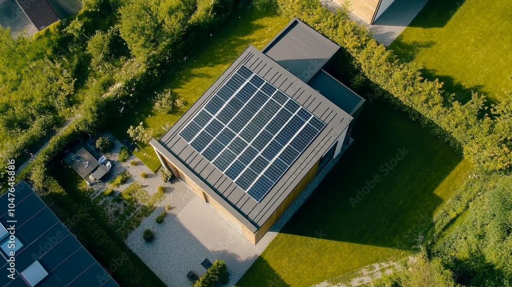 A two-story home featuring solar panels, emphasis on renewable energy, eco-friendly architecture in a suburban area A two-story home featuring solar panels, emphasis on renewable energy, eco-friendly architecture in a suburban area