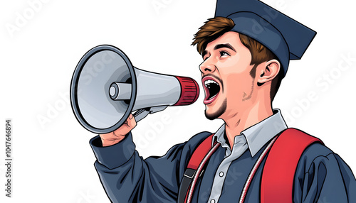 Young university graduate caucasian man over isolated background shouting through a megaphone isolated with white highlights, png photo