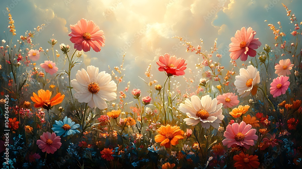 A field of vibrant wildflowers bathed in the warm glow of a setting sun, with a light breeze gently swaying the delicate petals. A field of vibrant wildflowers bathed in the warm glow of a setting sun, with a light breeze gently swaying the delicate petals.