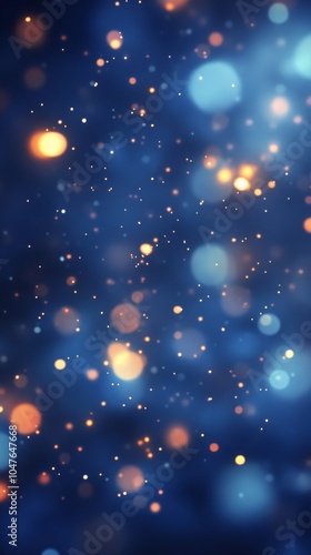Winter night with sparkling lights and soft snowflakes falling through a peac...