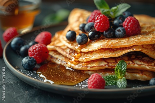 A plate of traditional Russian pancakes, oladyi, served with honey and fresh berries. 