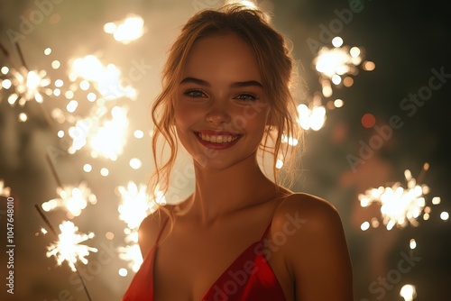 Celebration with sparklers at night in a joyful atmosphere featuring a smilin...