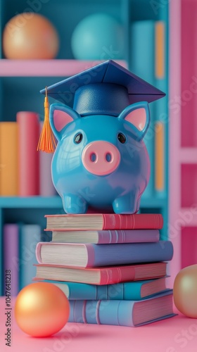 Studying finance concepts with a blue piggy bank wearing a graduation cap on ...