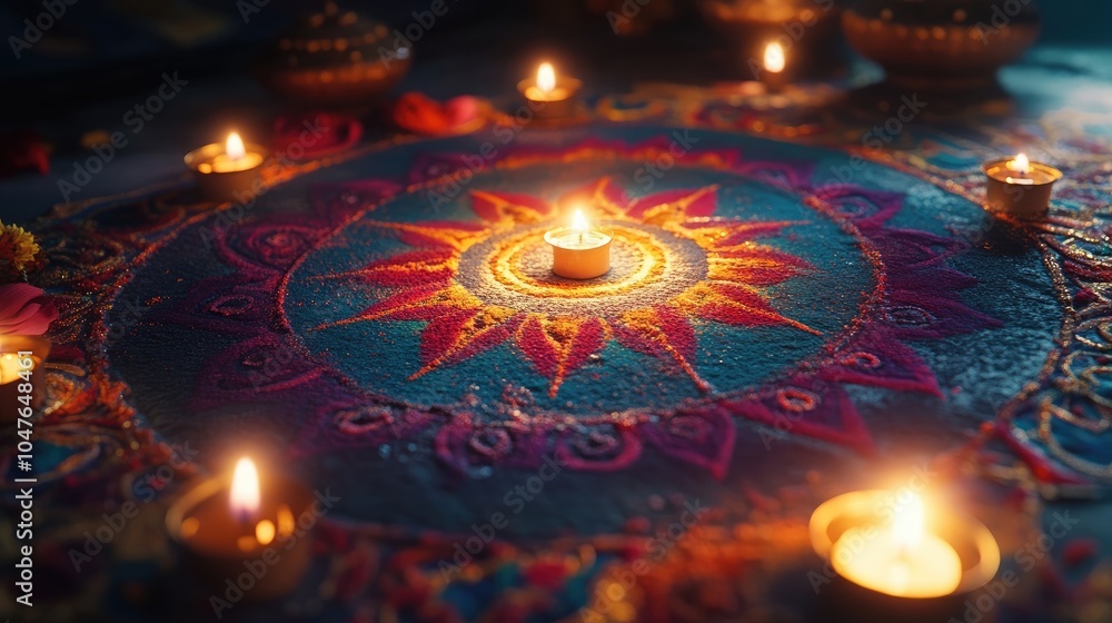 A colorful rangoli pattern created with vibrant powders, lit by the soft glow of surrounding candles. A colorful rangoli pattern created with vibrant powders, lit by the soft glow of surrounding candles.
